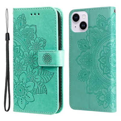 Für iPhone 15 Hülle Blumenmuster PU-Leder Geldbörse Ständer Handyhülle - Grün