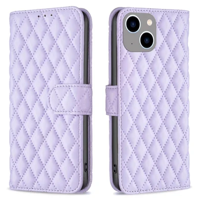 BINFEN COLOR BF Style-14 for iPhone 15 Plus Phone Wallet Shell Imprinted Stand Leather Case Smartphone Cover - Purple