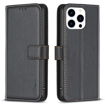BINFEN COLOR BF17 For iPhone 15 Pro Stand Design Phone Cover Ultra-Light Wallet TPU+PU Leather Phone Case - Black