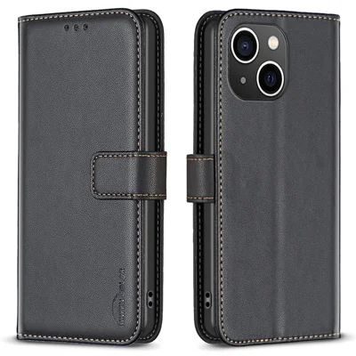 BINFEN COLOR BF17 для чехла-кошелька iPhone 15 с подставкой, дизайн из TPU+PU кожи - черный