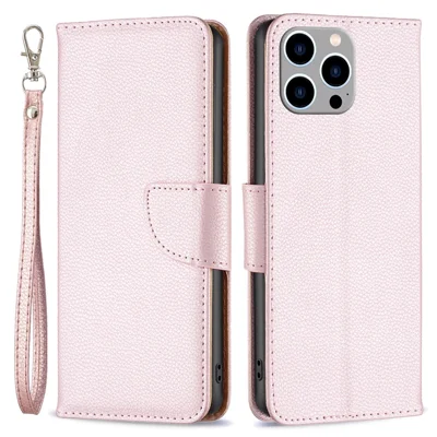 For iPhone 15 Pro Max Wallet Case with Wrist Strap Litchi Texture Leather Phone Stand Cover - Rose Gold