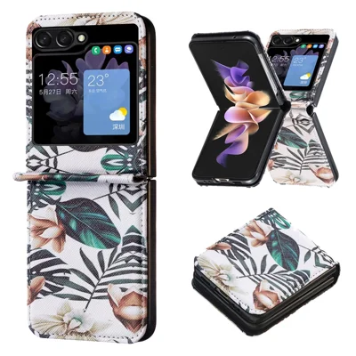 For Samsung Galaxy Z Flip5 5G PU Leather+PC Phone Case Pattern Printing Protective Cover - Leaves and Flowers
