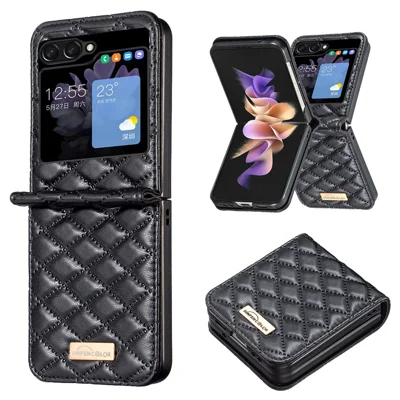 BINFEN COLOR Per Samsung Galaxy Z Flip5 5G Custodia in Pelle PU + PC Motivo a Rombi Impresso Custodia per Cellulare - Nero