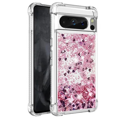For Google Pixel 8 Pro TPU Case Glitter Quicksand Shockproof Phone Back Cover - Rose Gold / Hearts