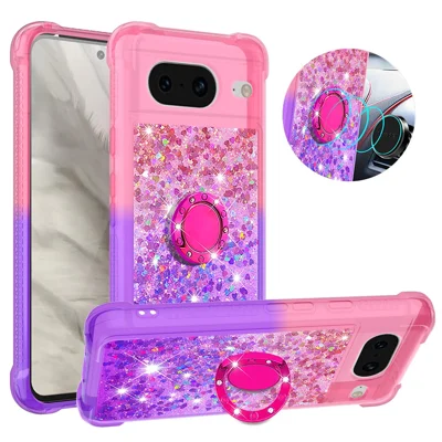 For Google Pixel 8 TPU Case with Kickstand Gradiant Quicksand Shockproof Cover - Pink+Purple