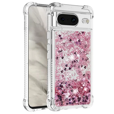 For Google Pixel 8 TPU Case Glitter Quicksand Shockproof Phone Back Cover - Rose Gold / Hearts