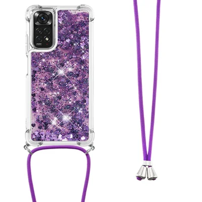 For Xiaomi Redmi Note 12S 4G / Redmi Note 11S 4G / Note 11 4G (Qualcomm) TPU Case Quicksand Design Phone Cover with Lanyard - Dark Purple / Hearts
