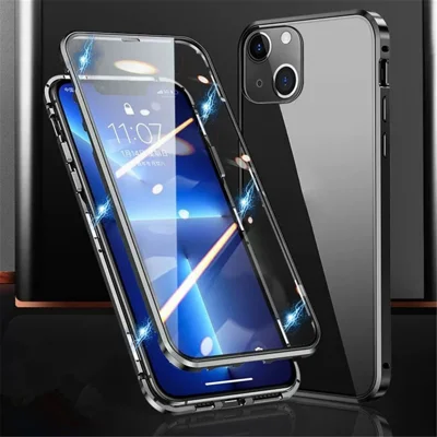 For iPhone 15 Full Body Case Magnetic Tempered Glass Double-Sided Phone Case - Black