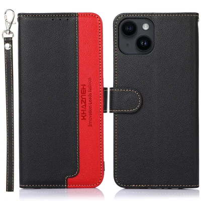 KHAZNEH Stoßfeste Lederhülle für iPhone 15 Plus, Stand-Wallet-Telefonhülle, RFID-blockierende Litchi-Textur-Schale - Schwarz