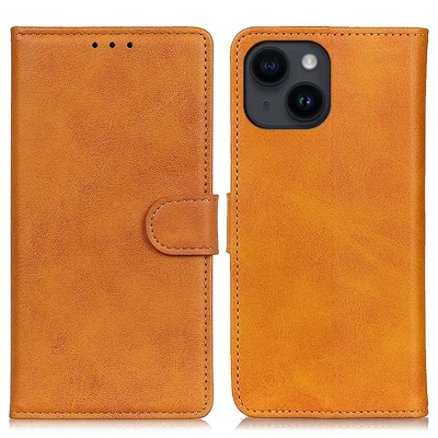 Telefoonhoesje voor iPhone 15 Plus, PU Leer+TPU Vouwbaar Standje Rundertekstuur Portemonnee Hoes - Bruin