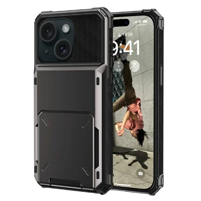 Para iPhone 15 Case de telefone de cartão de suporte de volta TPU + PC a prova de choque - Cinza