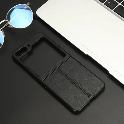 For Samsung Galaxy Z Flip5 5G PU Leather + Hard PC Phone Case Stitching Lines Shockproof Cover - Black