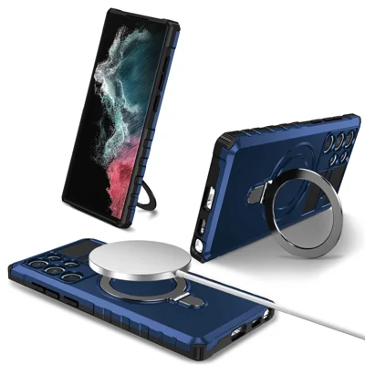 For Samsung Galaxy S22 Ultra 5G PC+TPU Shockproof Case Magnetic Phone Cover with Ring Kickstand - Blue