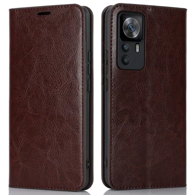 For Xiaomi 12T 5G / 12T Pro 5G / Redmi K50 Ultra Phone Case Crazy Horse Texture Genuine Cow Leather Stand Wallet Cover - Dark Brown