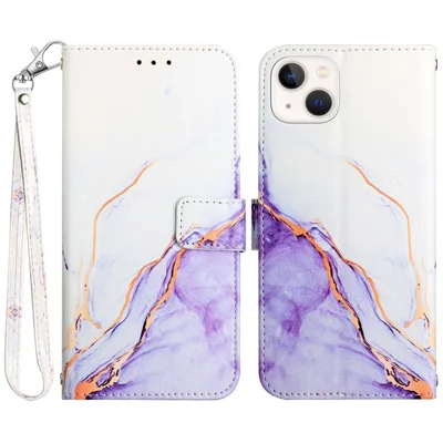 Für iPhone 15 Hülle mit Riemen Marmormuster Leder Handyhülle Kartenhalter - Weiß + Lila LS006