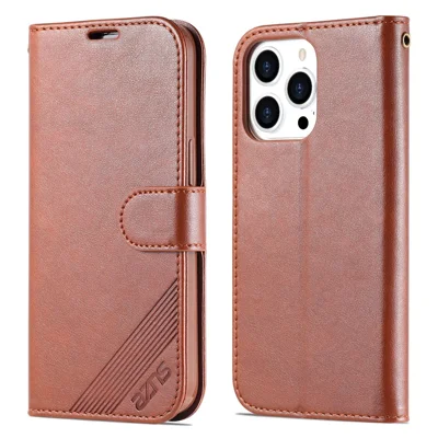 AZNS PU-Lederhülle für iPhone 15 Pro Max, Ständer-Brieftasche stoßfeste Handyhülle - Braun