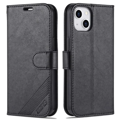 AZNS Telefon-Wallet-Hülle für iPhone 15 Plus, Ständer, PU-Leder + TPU-Telefonabdeckung - Schwarz