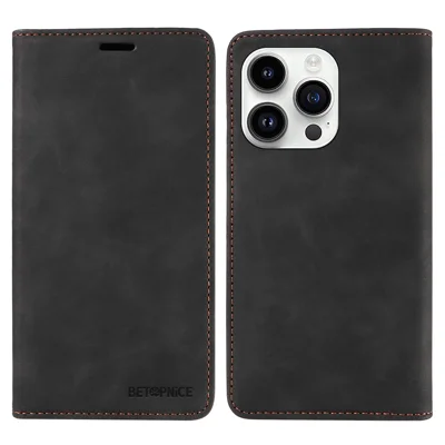 BETOPNICE 003 stoßfeste Geldbörse Hülle für iPhone 14 Pro RFID-blockierend PU-Leder Ständer Telefonabdeckung - Schwarz