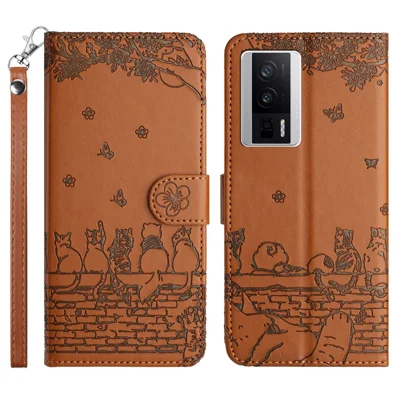 Para Xiaomi Poco F5 Pro 5G / Redmi K60 5G / K60 Pro 5G Funda de Teléfono de Cuero para Cartera con Gatos Impresos en la Pared y Soporte - Marrón