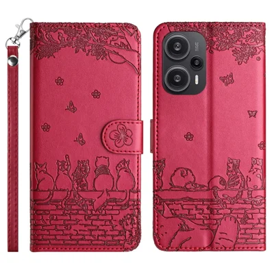 For Xiaomi Poco F5 5G / Redmi Note 12 Turbo Phone Wallet Case PU Leather Wall Cats Imprinted Stand Cover with Strap - Red