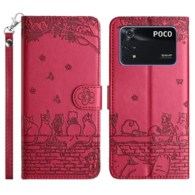 Wall Cats Imprinted Phone Case for Xiaomi Poco M4 Pro 4G , Stand PU Leather Wallet Cover with Strap - Red