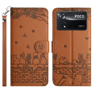 For Xiaomi Poco X4 Pro 5G PU Leather Phone Case Wall Cats Imprinted Stand Wallet Phone Cover with Strap - Brown