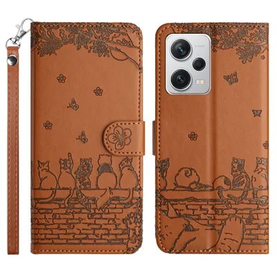 For Xiaomi Redmi Note 12 Pro 5G / 12 Pro Speed 5G / Poco X5 Pro 5G Imprinted PU Leather Phone Case Wallet Stand Cover with Strap - Brown