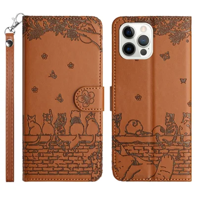 For iPhone 14 Pro Max PU Leather Stand Phone Case Wall Cats Imprinted Wallet Phone Cover with Strap - Brown