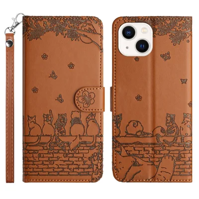 Bedruckte Wandkatzen-Lederhülle für iPhone 14, Geldbörsen-Ständer mit Vollschutz-Abdeckung und Riemen - Braun