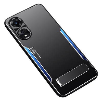 For Oppo A58 5G Kickstand Phone Case Aluminum Alloy Soft TPU Lens Protection Cover - Blue
