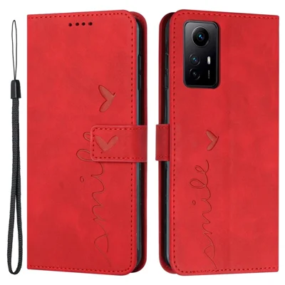 For Xiaomi Redmi Note 12S 4G Leather Phone Case Stand Imprinted Heart Wallet Skin-touch Cover - Red