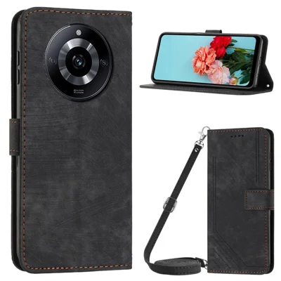 Flip Case for Realme 11 Pro 5G / 11 Pro+ 5G Lines Imprinted Stand Wallet Leather Phone Cover with Shoulder Strap - Black