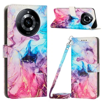 Leather Case for Realme 11 Pro 5G / 11 Pro+ 5G Marble Pattern Phone Wallet Stand Cover with Shoulder Strap - Pink  /  Purple