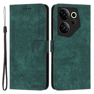 Stand Wallet for TECNO Camon 20 Premier 5G Skin-Touch Imprinted Lines Case Phone Leather Cover - Green