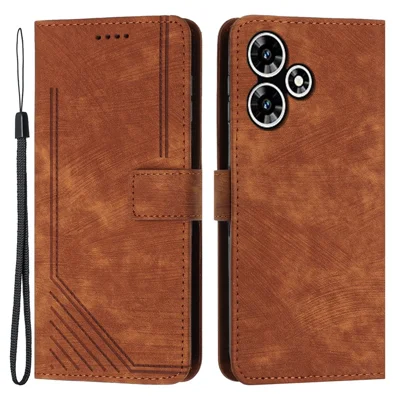 For Infinix Hot 30 Play NFC 4G Stand Wallet PU Leather Case Imprinted Lines Skin-Touch Phone Cover - Brown