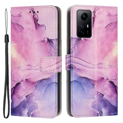 For Xiaomi Redmi Note 12S 4G Marble Pattern Wallet Case PU Leather Stand Phone Cover with Wrist Strap - Purple