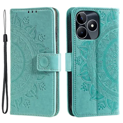 Coque portefeuille pour Realme Narzo N53 4G / C53 (Global) / C53 (Inde) / C51, étui en cuir PU avec motif imprimé mandala fleur, support intégré - Vert