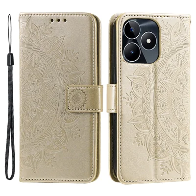 غطاء محفظة من جلد PU لهاتف Realme Narzo N53 4G / C53 (عالمي) / C53 (الهند) / C51 مع تصميم منقوش على شكل زهرة الماندالا وغطاء قابل للطي - ذهبي