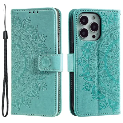 Für iPhone 15 Pro Flip Phone Case PU-Leder Mandala-Blumen-Prägung Ständer Wallet Cover mit Trageriemen - Grün