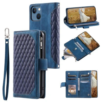 For iPhone 15 Plus PU Leather Phone Case Rhombus Pattern Imprinted Zipper Pocket Wallet Stand Cover with Strap - Blue