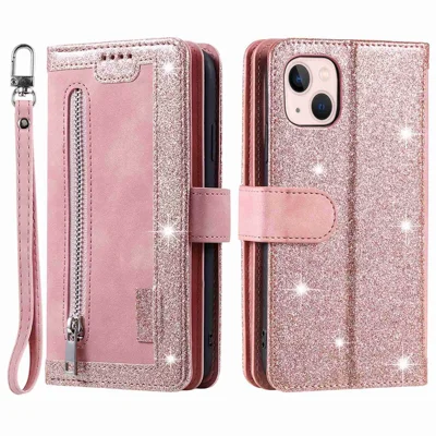 For iPhone 15 Plus PU Leather Cover Zipper Pocket 9 Card Slots Protective Phone Case with Strap - Rose Gold