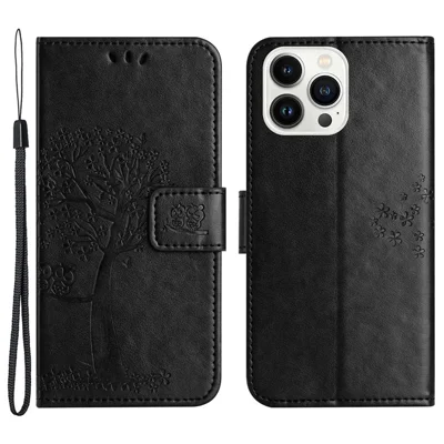 Für iPhone 15 Pro Max Smartphone-Brieftasche Hülle PU-Leder Eule Baum geprägt Stand Smartphone-Abdeckung - Schwarz
