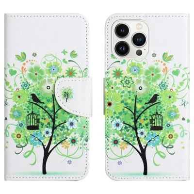 For iPhone 15 Pro Max Cellphone Case Pattern Printing Leather Wallet Stand Phone Cover - Green Tree