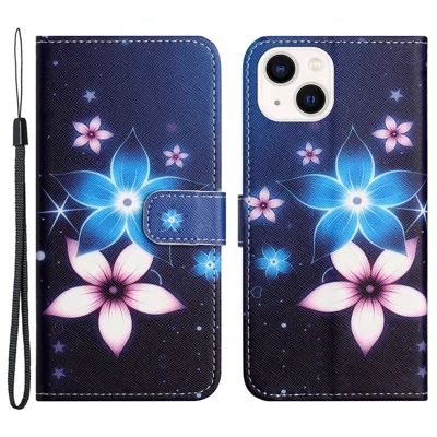 Für iPhone 15 Plus Lederhülle 3D-Muster-Druckwand-Telefon-Abdeckung - Blauer Blumen