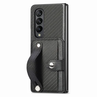 Card Slot Phone Cover for Samsung Galaxy Z Fold5 5G , PU Leather+PC Wristband Kickstand Cell Phone Case - Black
