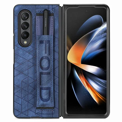 Telescopic Wristband Phone Cover for Samsung Galaxy Z Fold5 5G , PU Leather+PC Phone Case with Pen Slot - Blue
