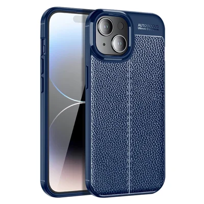 For iPhone 15 Plus TPU Phone Case Litchi Texture Drop Protection Back Cover - Blue
