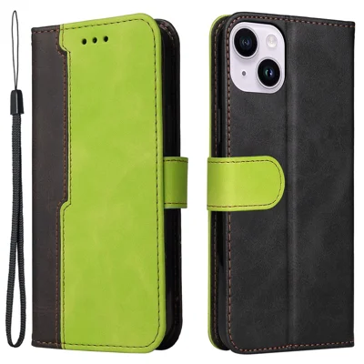 For iPhone 15 Plus Business Style Phone Case Stand Wallet Dual-Color Splicing PU Leather Cover - Green
