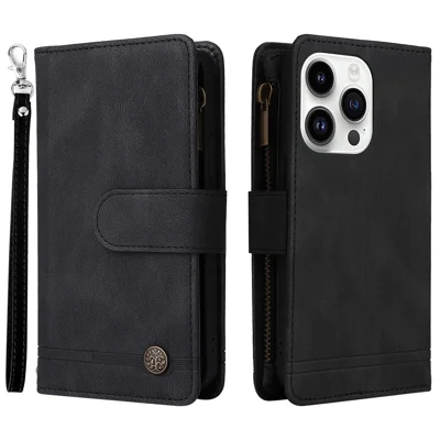 For iPhone 15 Pro Max Zipper Pocket Phone Case Imprinted Skin-touch Wallet Stand PU Leather Cover with Multiple Card Slots - Black