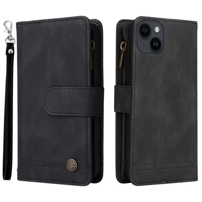 For iPhone 15 Plus Zipper Pocket Phone Case Imprinted Skin-touch Wallet Stand Multiple Card Slots PU Leather Cover - Black